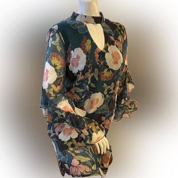 As U Wish Green and Pink Floral A-Line Dress with Ruffled Sleeves - Picture 4 of 11